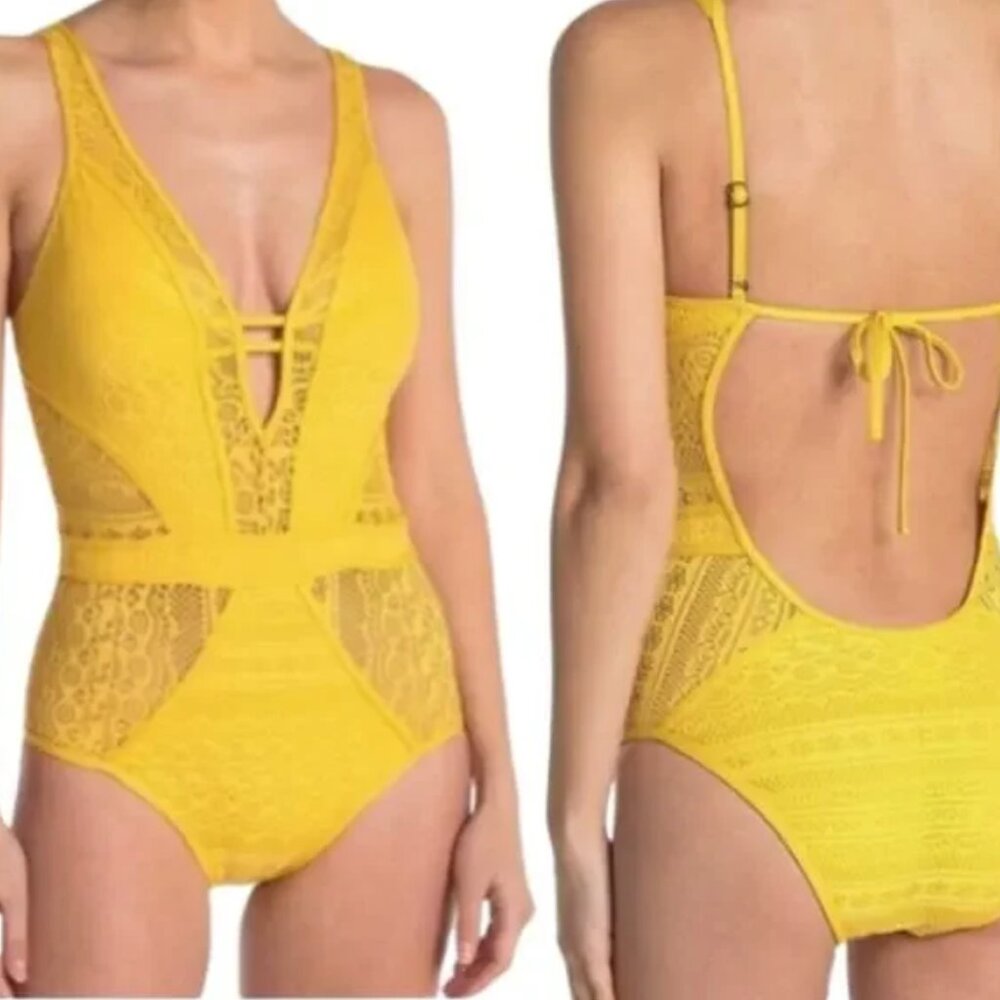 BECCA Color Play Crochet Show & Tell Plunge One-Piece Swimsuit Yellow Medium